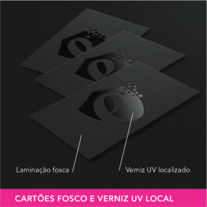 Cartão com Laminação Fosca e Verniz UV Localizado Papel Couchê 300g | 9x5cm | Cores: 4x4 | Laminação Fosca e Verniz UV Localizado  